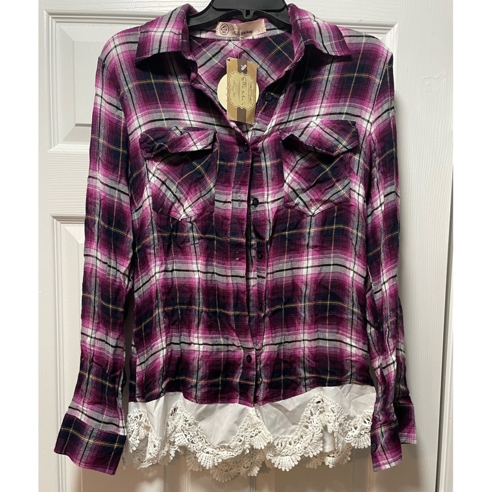 Plaid Button-down with Crochet accent